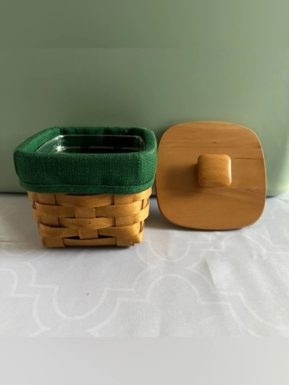 Longaberger TEASPOON Basket w/Hunter Green liner, plastic protector & lid #18432